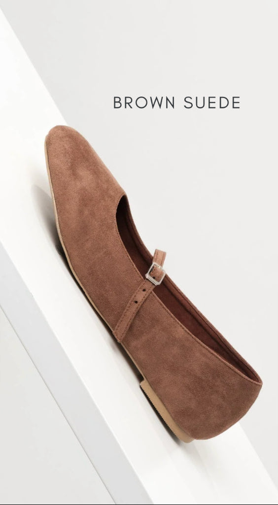 Brown suede flat shoe on a white background with 'Brown Suede' text.