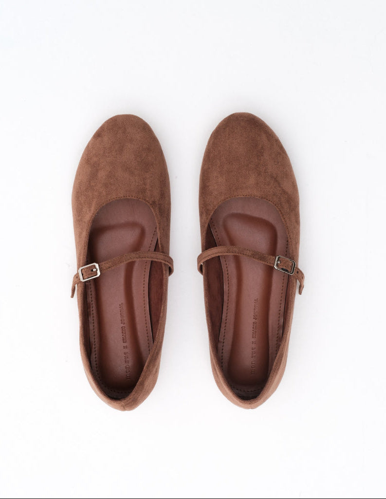 Pair of brown suede shoes with a strap on a white background