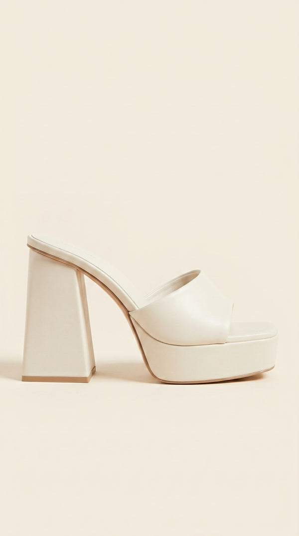 White high-heeled shoes on a beige background